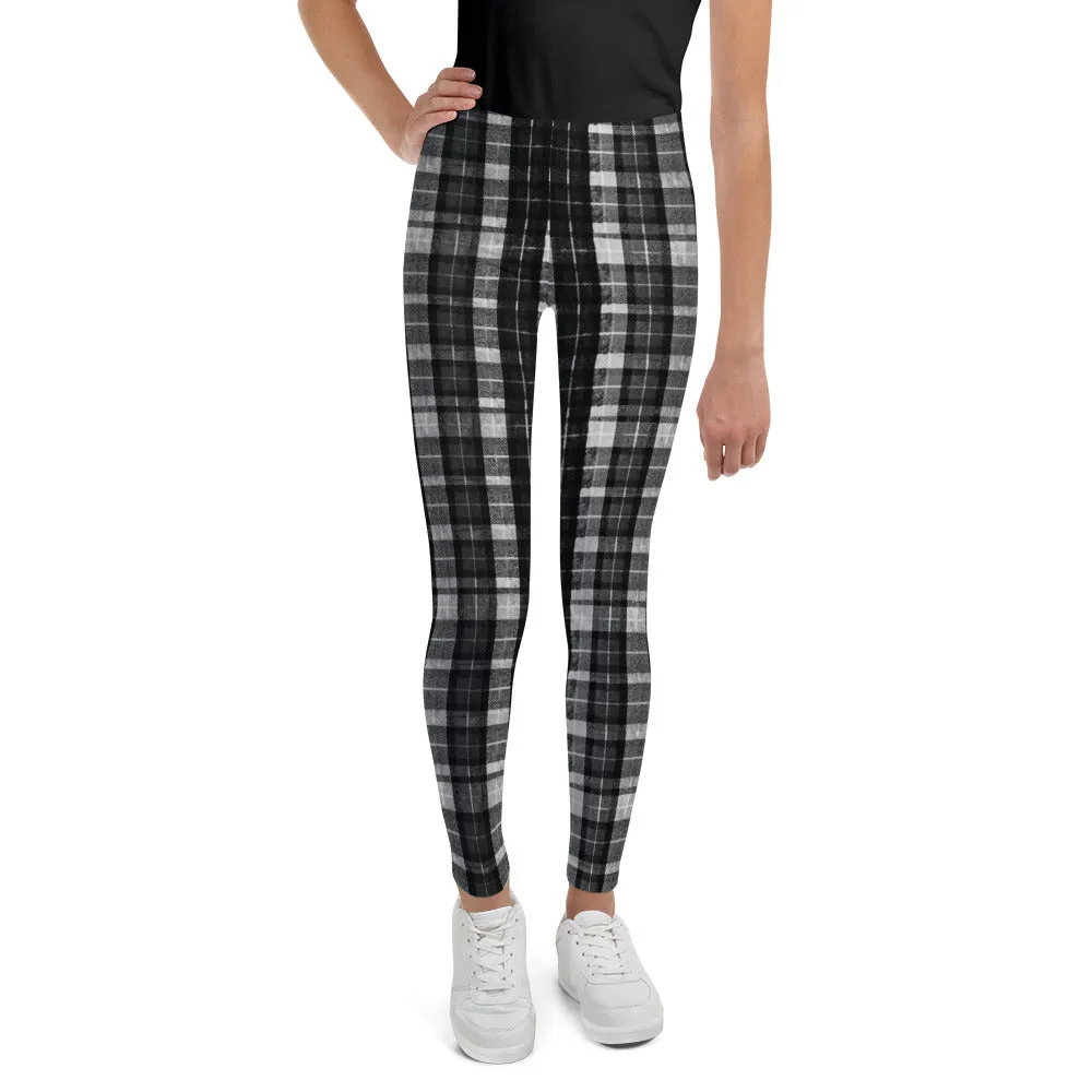 Black Plaid Girl's Leggings, Tartan Print Sports Gym Youth Elastic Tights, Made in USA/EU