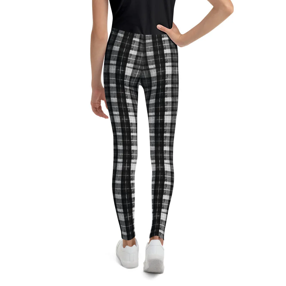 Black Plaid Girl's Leggings, Tartan Print Sports Gym Youth Elastic Tights, Made in USA/EU