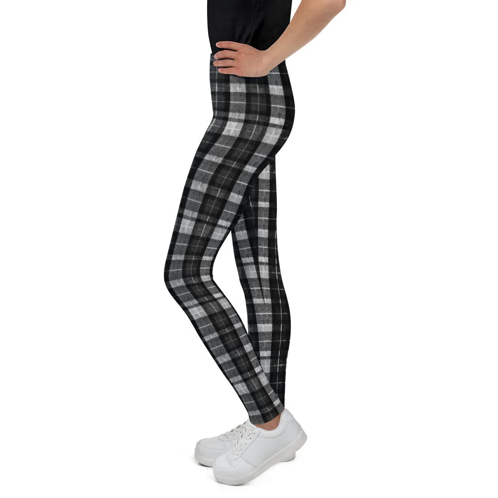 Black Plaid Girl's Leggings, Tartan Print Sports Gym Youth Elastic Tights, Made in USA/EU