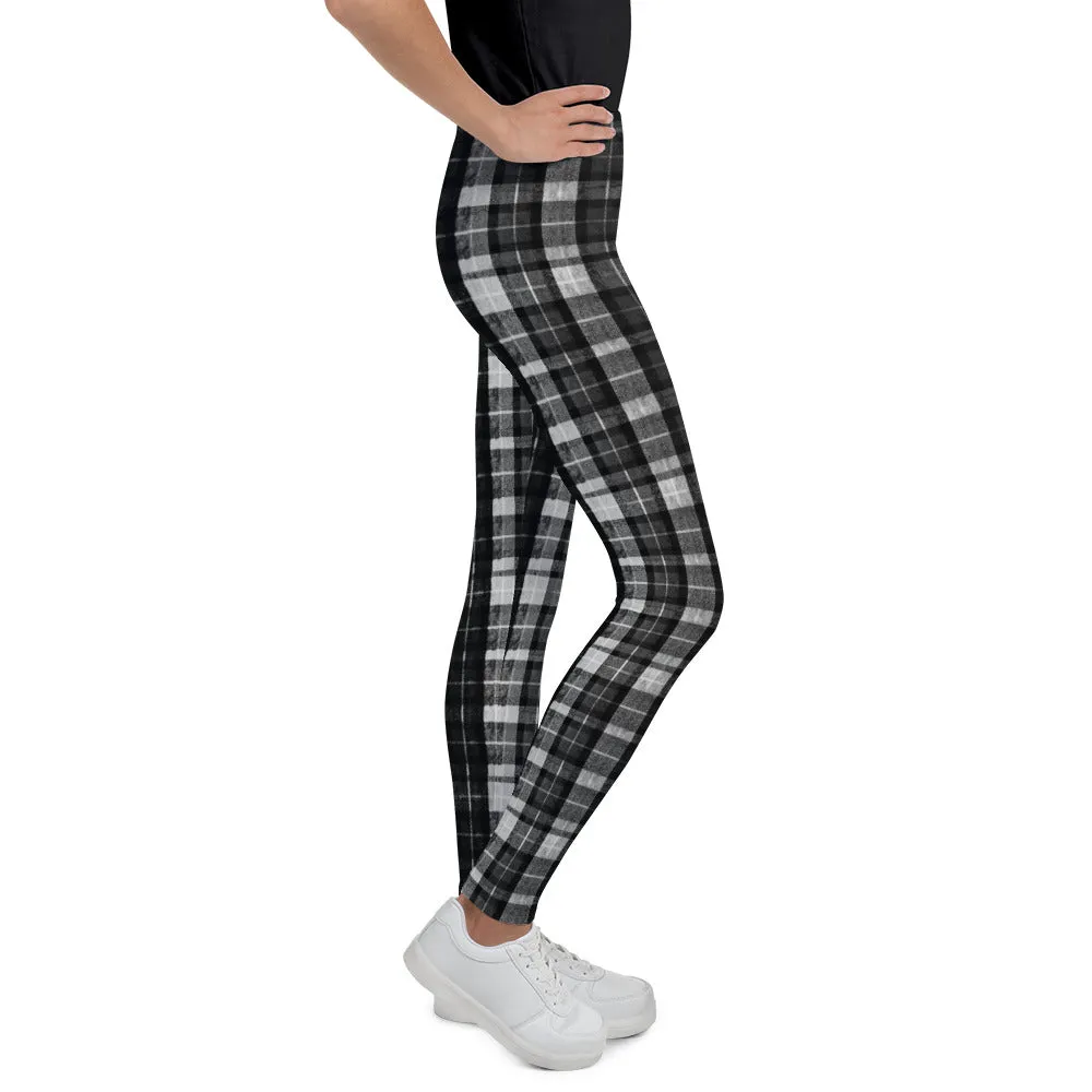 Black Plaid Girl's Leggings, Tartan Print Sports Gym Youth Elastic Tights, Made in USA/EU