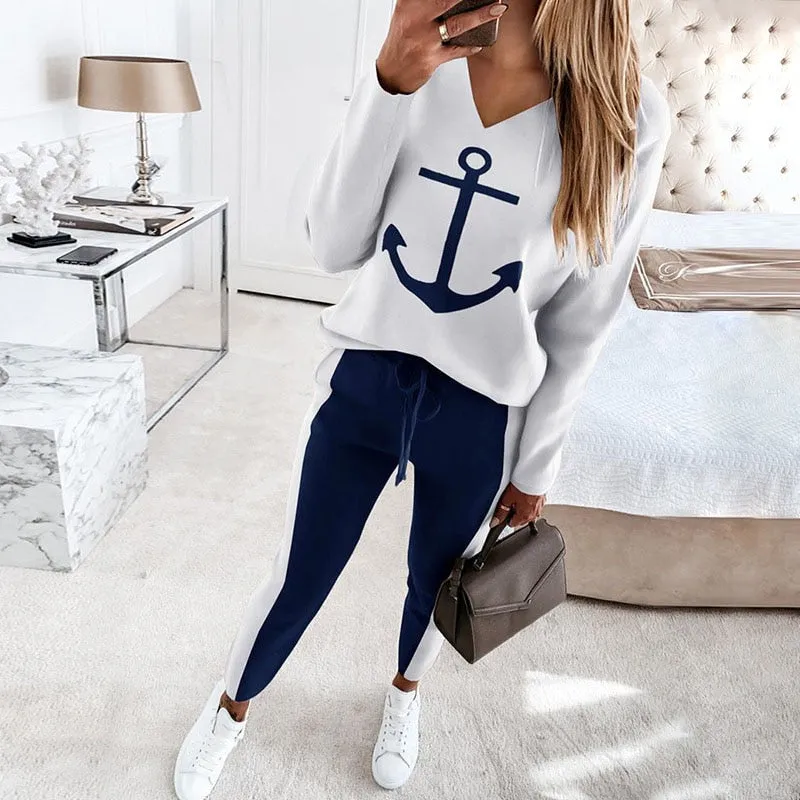 Boat Anchor Print Ladies Lounge Pants Long Sleeve Jogging Woman Two Pieces Sets