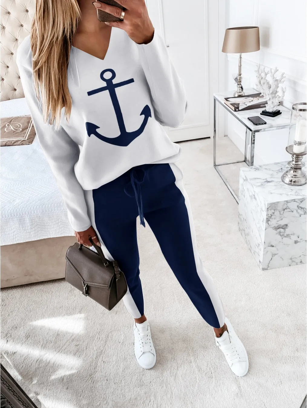 Boat Anchor Print Ladies Lounge Pants Long Sleeve Jogging Woman Two Pieces Sets