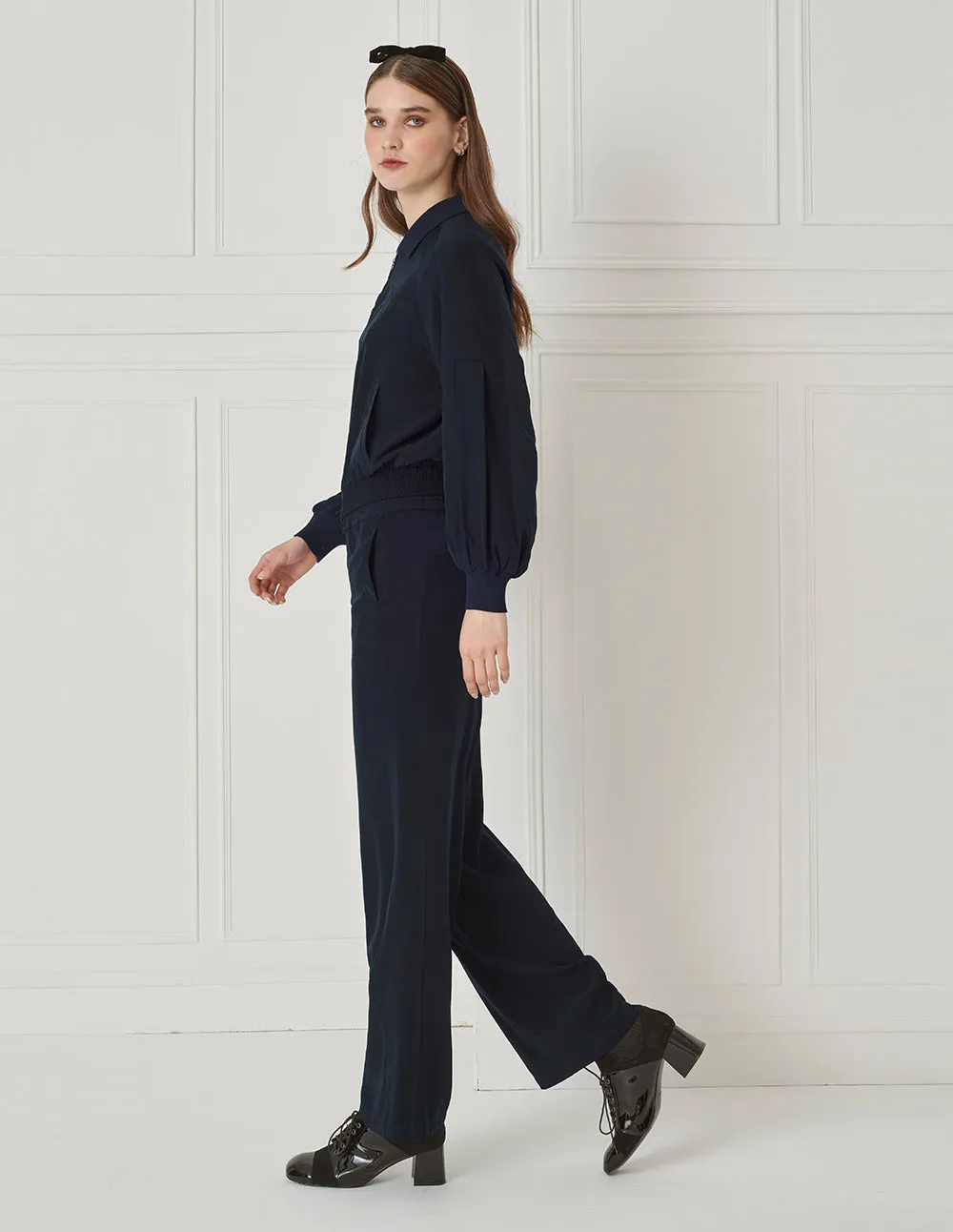 BORA AKSU Simple Coordinated Navy Blue Slimming Drape Wide-Leg Pants