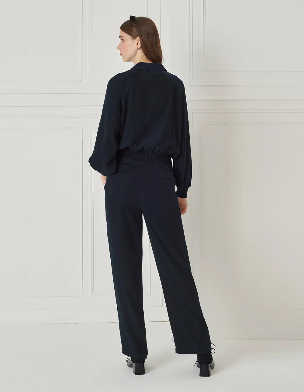 BORA AKSU Simple Coordinated Navy Blue Slimming Drape Wide-Leg Pants