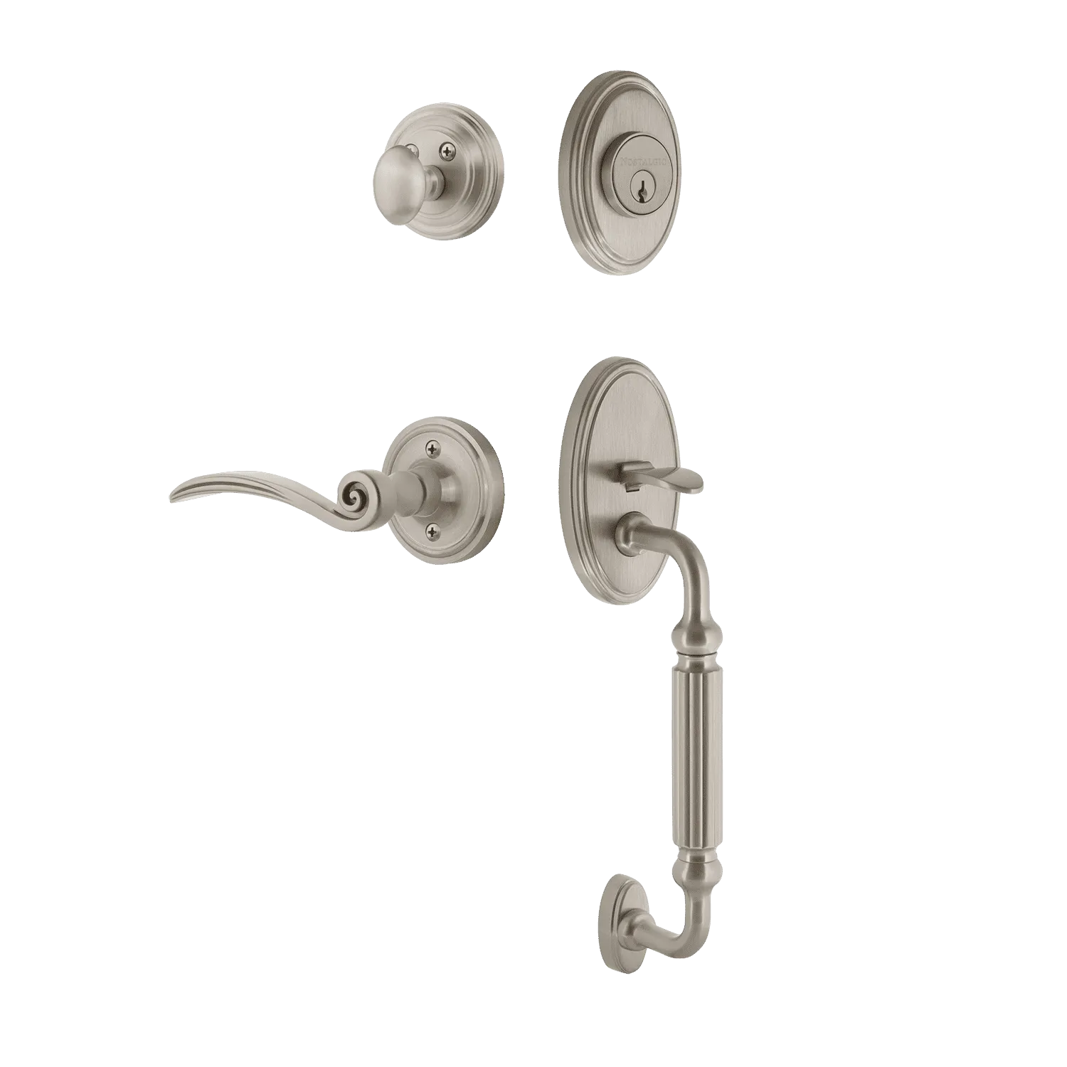 Classic Handleset with F-Grip and Classic Rosette with Swan Lever in Satin Nickel