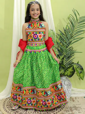 Girls Navratri Pure CottonEmbroidered Chaniya Choli Dupatta for Garba-Green