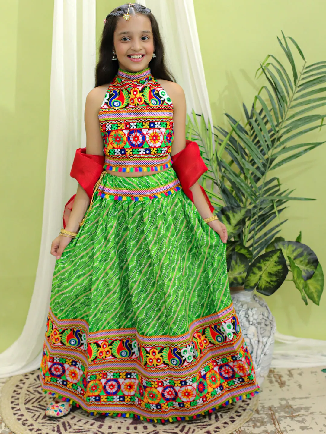Girls Navratri Pure CottonEmbroidered Chaniya Choli Dupatta for Garba-Green