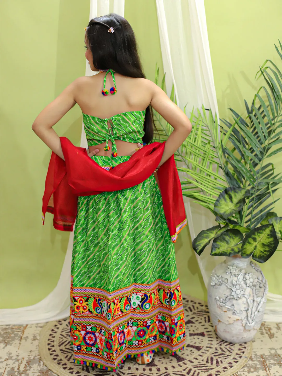 Girls Navratri Pure CottonEmbroidered Chaniya Choli Dupatta for Garba-Green