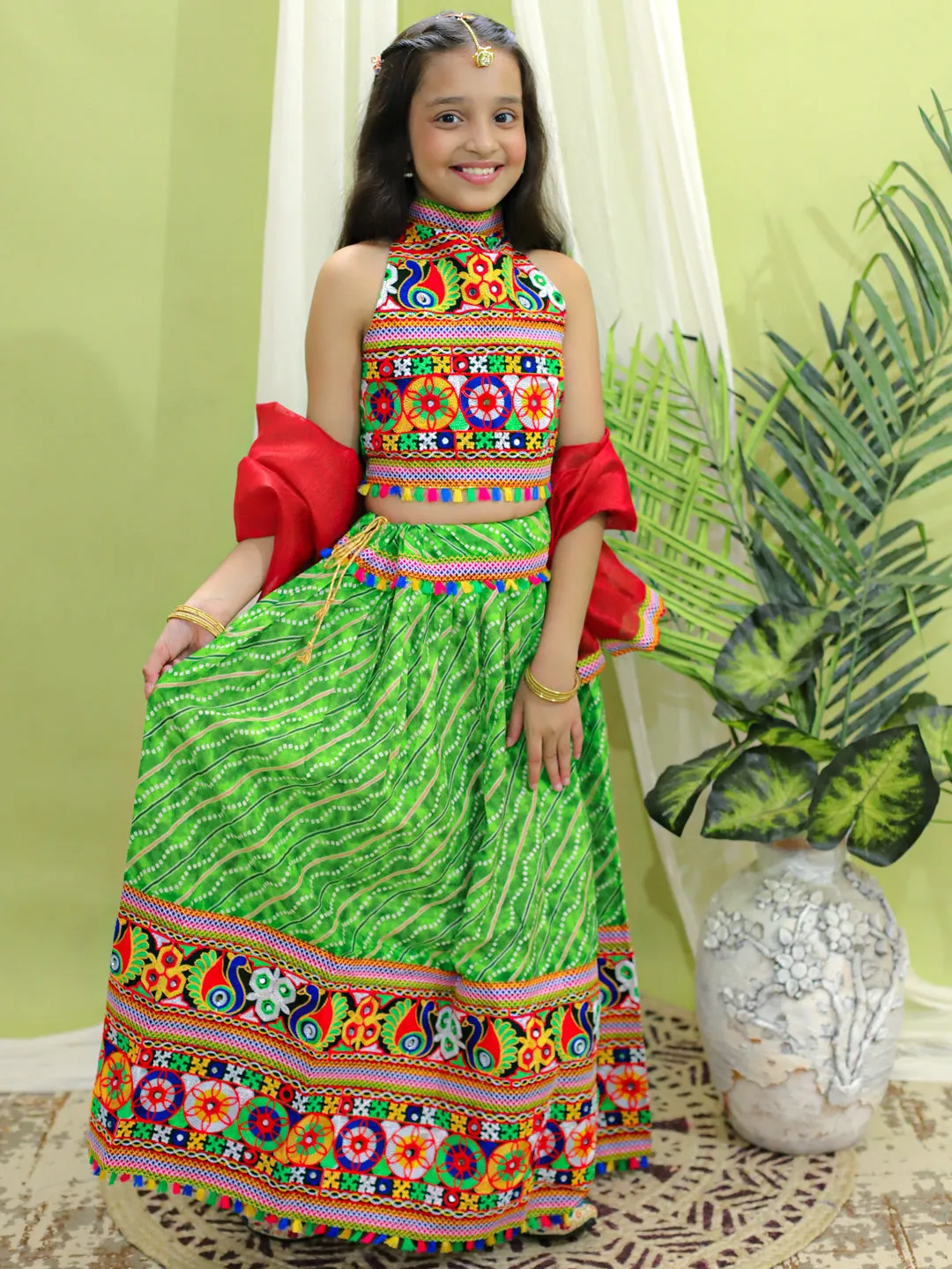 Girls Navratri Pure CottonEmbroidered Chaniya Choli Dupatta for Garba-Green