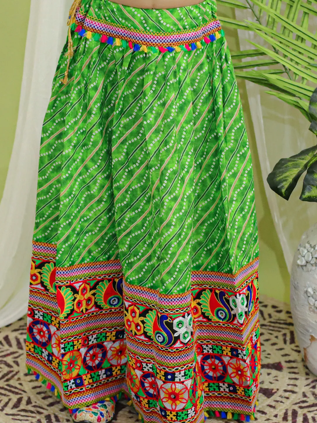 Girls Navratri Pure CottonEmbroidered Chaniya Choli Dupatta for Garba-Green
