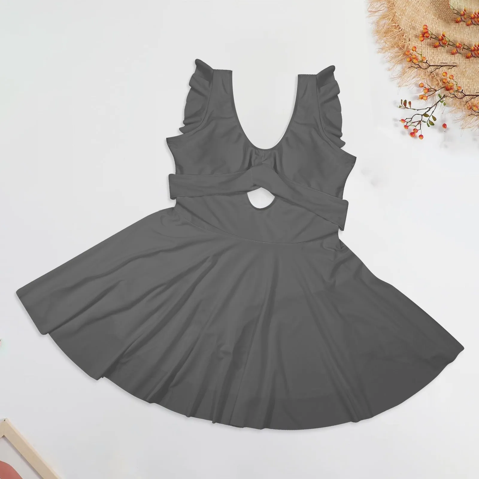 gray solid 2 Women's Ruffle Sleeve Skirted Swimsuit (Model S59)