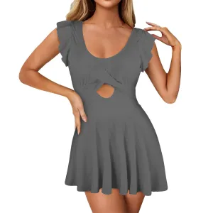 gray solid 2 Women's Ruffle Sleeve Skirted Swimsuit (Model S59)