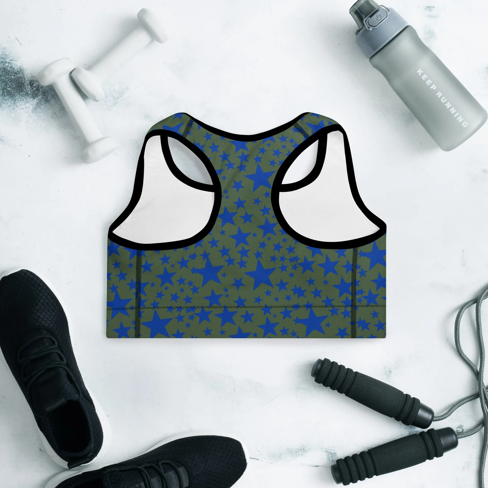 Green Blue Starry Sports Bra, Best Padded Sports Workout Fitness Bra For Ladies - Made in USA/EU/MX