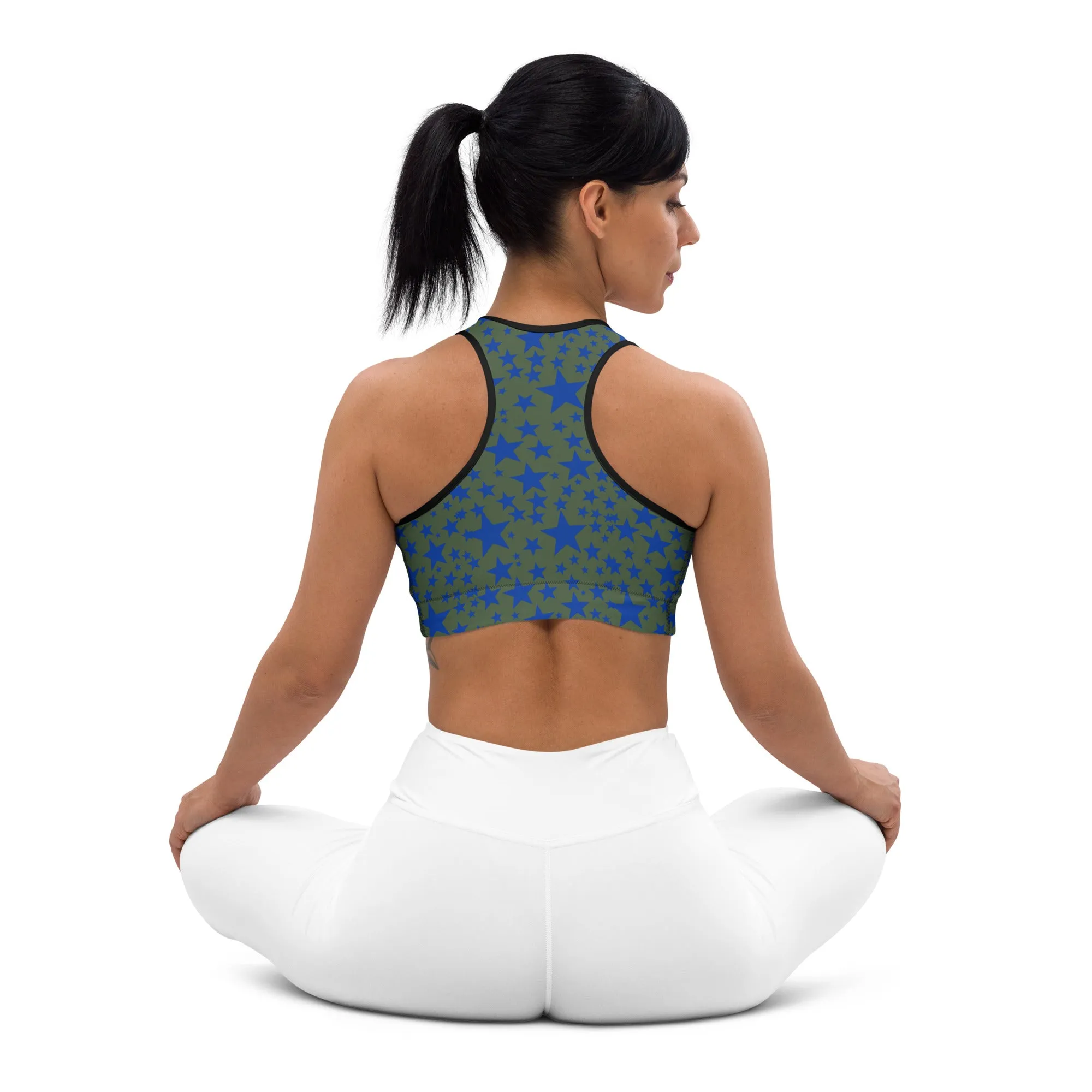 Green Blue Starry Sports Bra, Best Padded Sports Workout Fitness Bra For Ladies - Made in USA/EU/MX