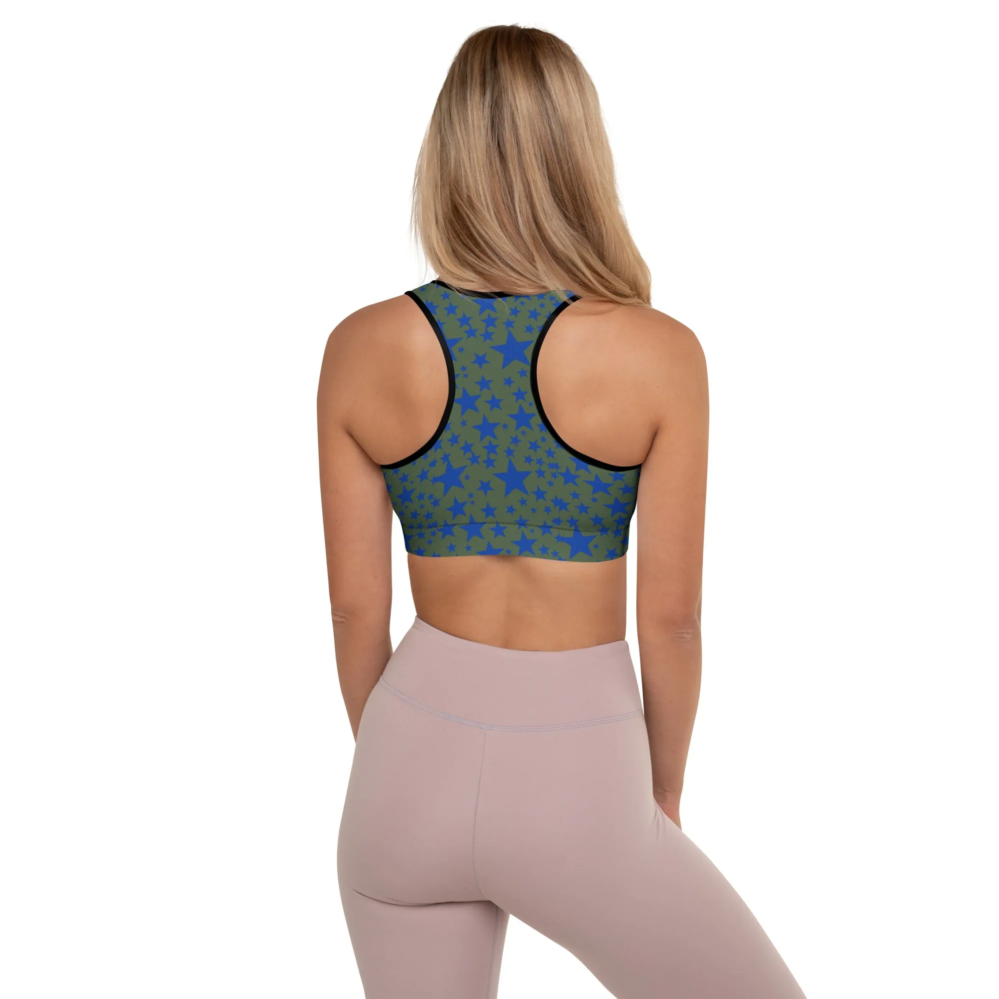 Green Blue Starry Sports Bra, Best Padded Sports Workout Fitness Bra For Ladies - Made in USA/EU/MX