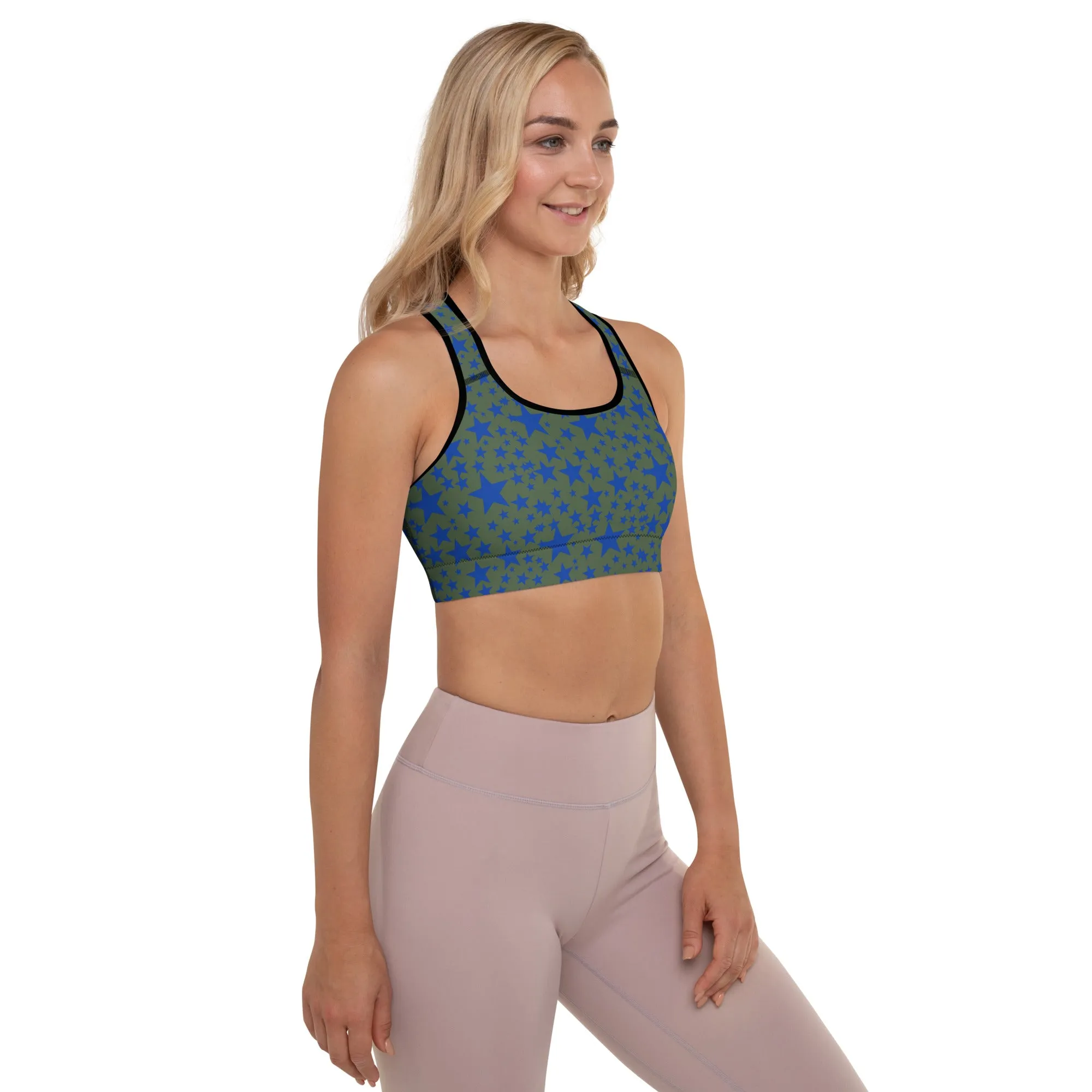 Green Blue Starry Sports Bra, Best Padded Sports Workout Fitness Bra For Ladies - Made in USA/EU/MX