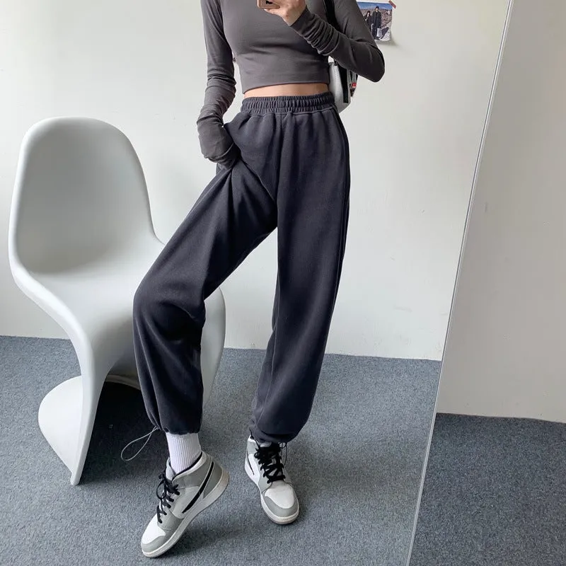 Lanfubeisi clothes Gray Sports Pants for Women Spring and Autumn New High Waist Loose Wide Leg Pants Ankle-Tied Sweatpants Slim Casual Pants Straight Pants