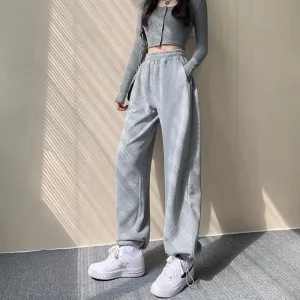 Lanfubeisi clothes Gray Sports Pants for Women Spring and Autumn New High Waist Loose Wide Leg Pants Ankle-Tied Sweatpants Slim Casual Pants Straight Pants