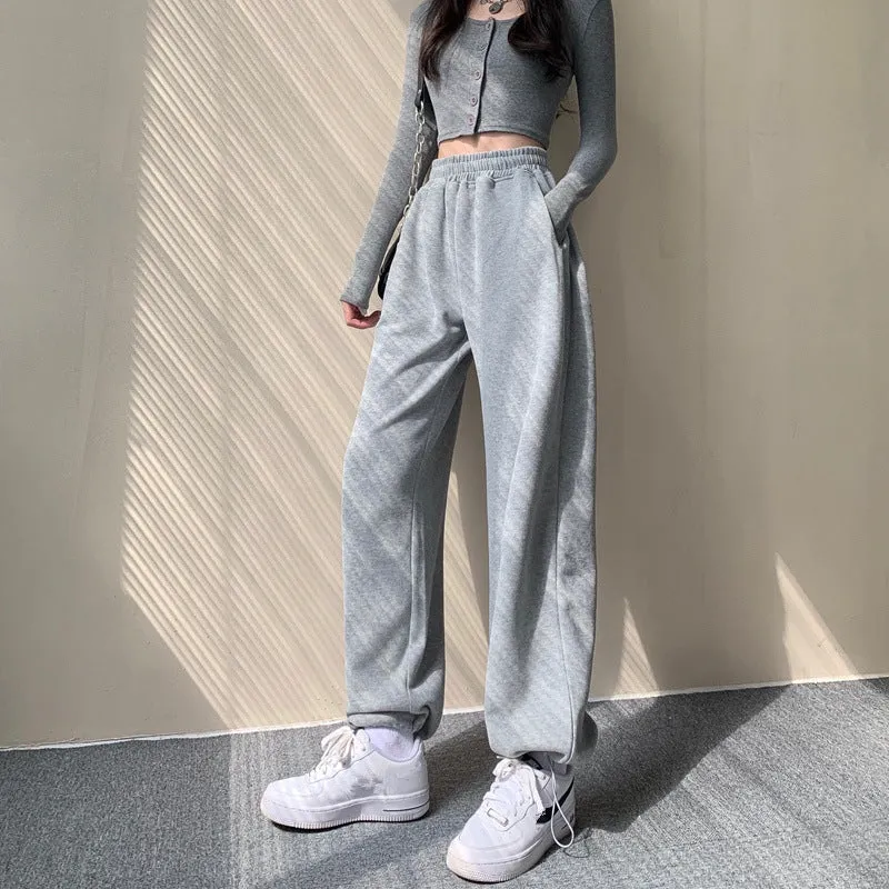 Lanfubeisi clothes Gray Sports Pants for Women Spring and Autumn New High Waist Loose Wide Leg Pants Ankle-Tied Sweatpants Slim Casual Pants Straight Pants