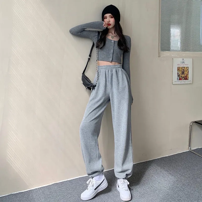 Lanfubeisi clothes Gray Sports Pants for Women Spring and Autumn New High Waist Loose Wide Leg Pants Ankle-Tied Sweatpants Slim Casual Pants Straight Pants
