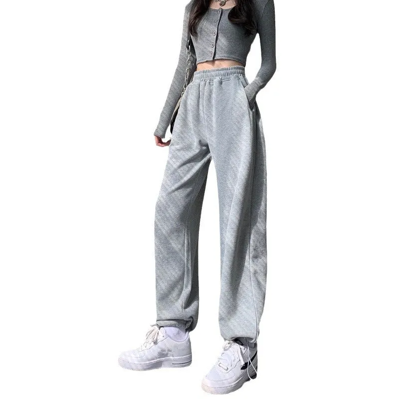 Lanfubeisi clothes Gray Sports Pants for Women Spring and Autumn New High Waist Loose Wide Leg Pants Ankle-Tied Sweatpants Slim Casual Pants Straight Pants