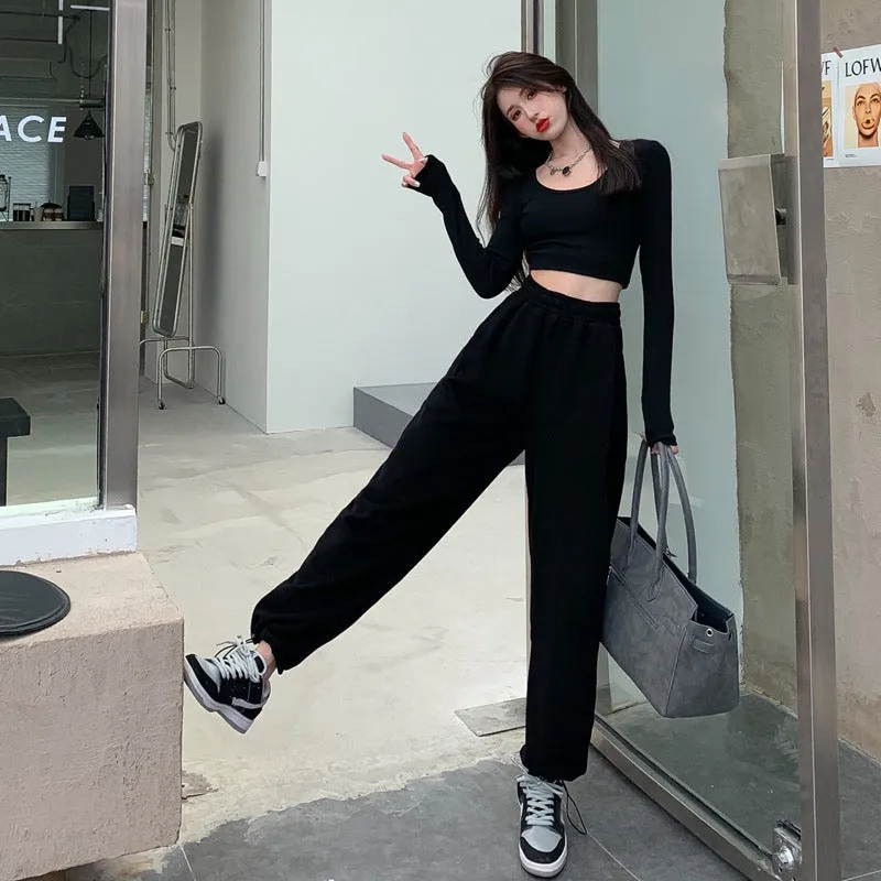 Lanfubeisi clothes Gray Sports Pants for Women Spring and Autumn New High Waist Loose Wide Leg Pants Ankle-Tied Sweatpants Slim Casual Pants Straight Pants