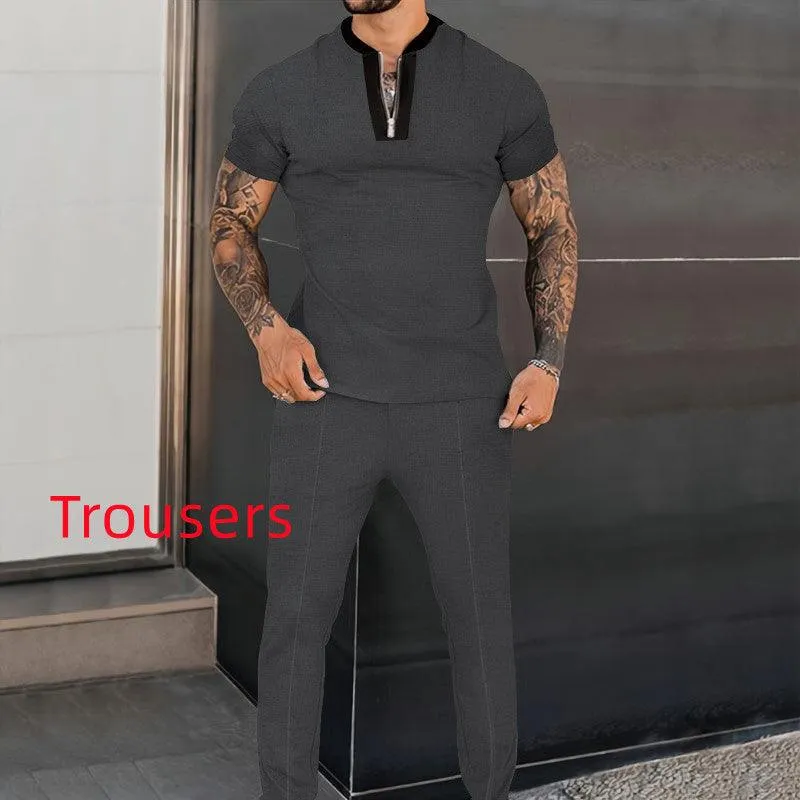 Men's Fashion Waffle Short Sleeve Stitching Stand Collar Suit