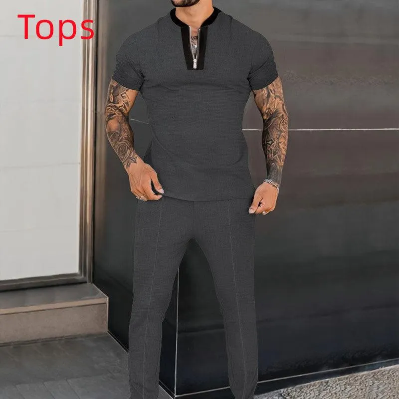 Men's Fashion Waffle Short Sleeve Stitching Stand Collar Suit