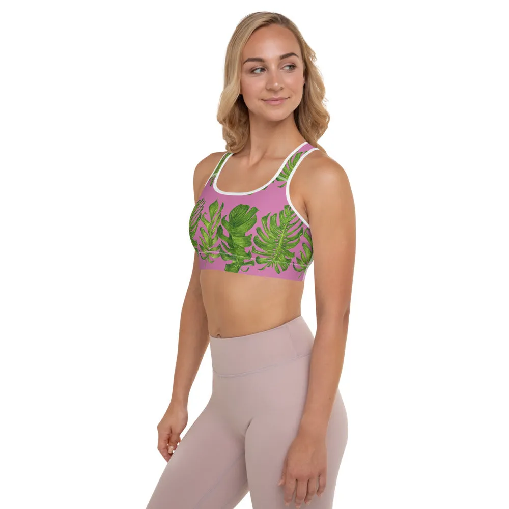 Pink Tropical Leaves Sports Bra, Best Women's Fitness Workout Bra-Made in USA/EU (US Size: XS-2XL)