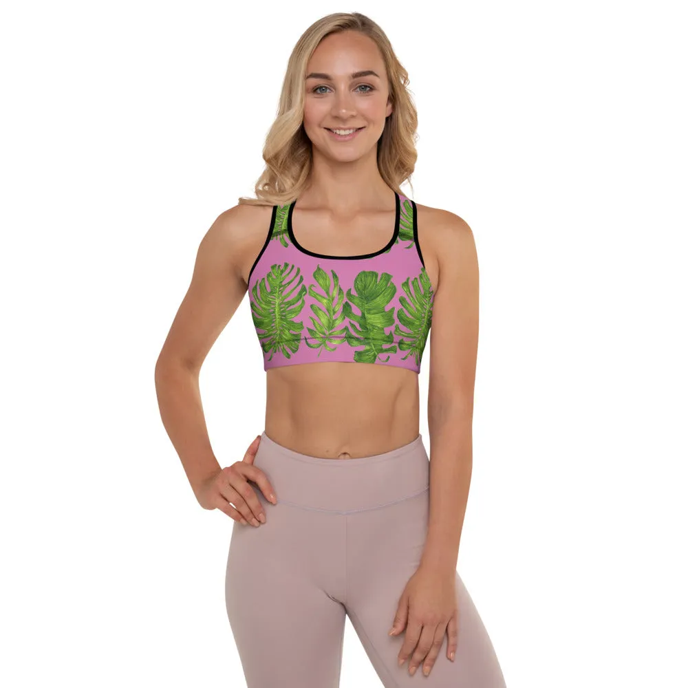 Pink Tropical Leaves Sports Bra, Best Women's Fitness Workout Bra-Made in USA/EU (US Size: XS-2XL)