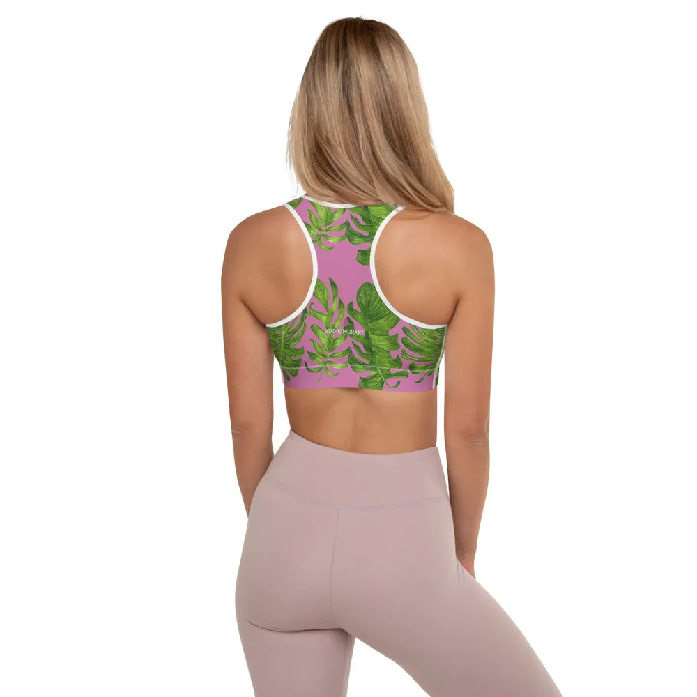 Pink Tropical Leaves Sports Bra, Best Women's Fitness Workout Bra-Made in USA/EU (US Size: XS-2XL)