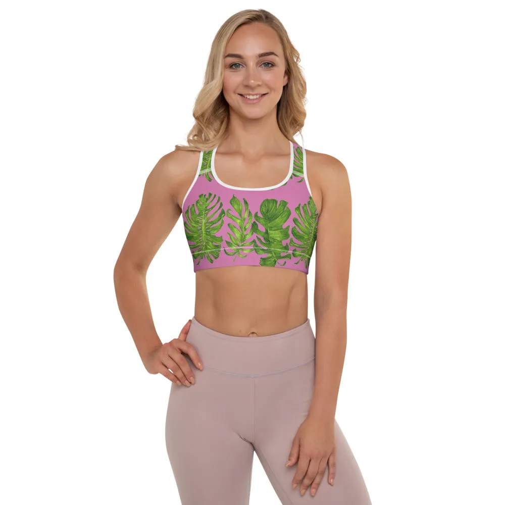 Pink Tropical Leaves Sports Bra, Best Women's Fitness Workout Bra-Made in USA/EU (US Size: XS-2XL)