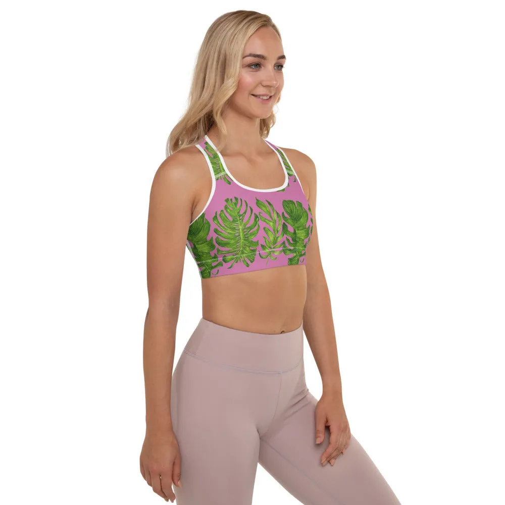Pink Tropical Leaves Sports Bra, Best Women's Fitness Workout Bra-Made in USA/EU (US Size: XS-2XL)