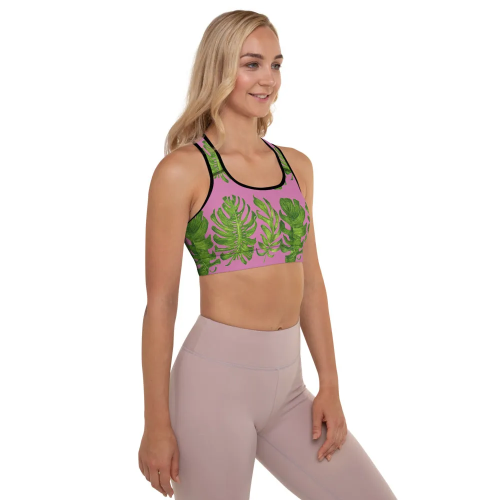 Pink Tropical Leaves Sports Bra, Best Women's Fitness Workout Bra-Made in USA/EU (US Size: XS-2XL)