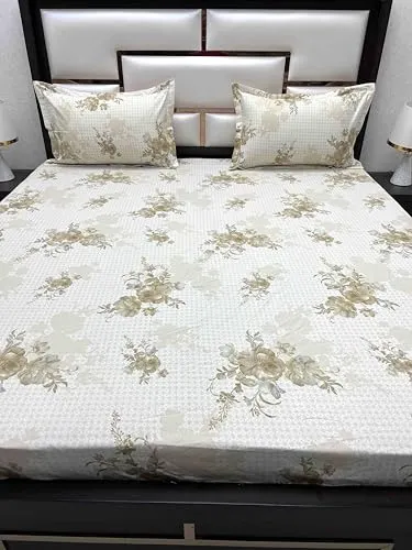Pure Decor 100% Pure Cotton Velar Fur SIB Collection King Size Twill Fabric Bedsheet for Double Bed (108"X108") with 2 Pillow Covers PD 4185 - Floral, Brown
