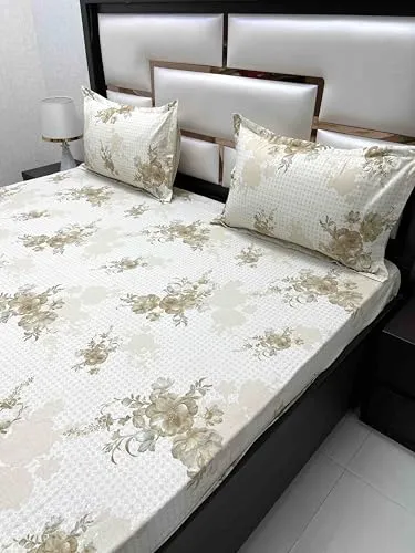 Pure Decor 100% Pure Cotton Velar Fur SIB Collection King Size Twill Fabric Bedsheet for Double Bed (108"X108") with 2 Pillow Covers PD 4185 - Floral, Brown