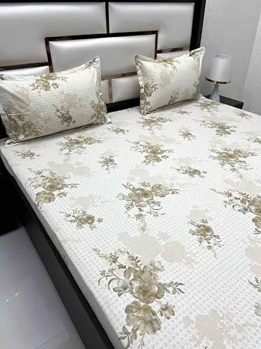 Pure Decor 100% Pure Cotton Velar Fur SIB Collection King Size Twill Fabric Bedsheet for Double Bed (108"X108") with 2 Pillow Covers PD 4185 - Floral, Brown