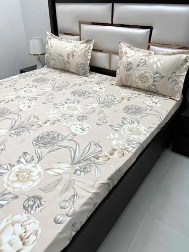 Pure Decor Amulya Collection Microfiber Queen Size Bedsheet for Double Bed (90"X100") with 2 Pillow Covers PD 4417 - Floral, Peach