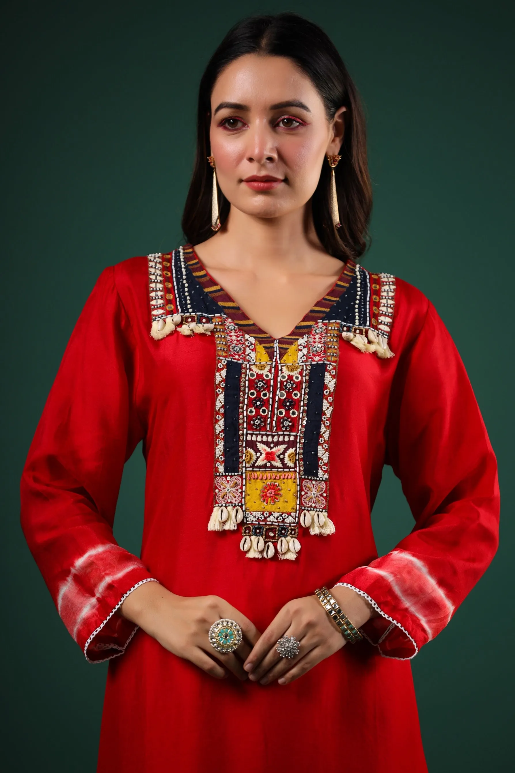 Red Embellished Dola Silk Pants Set