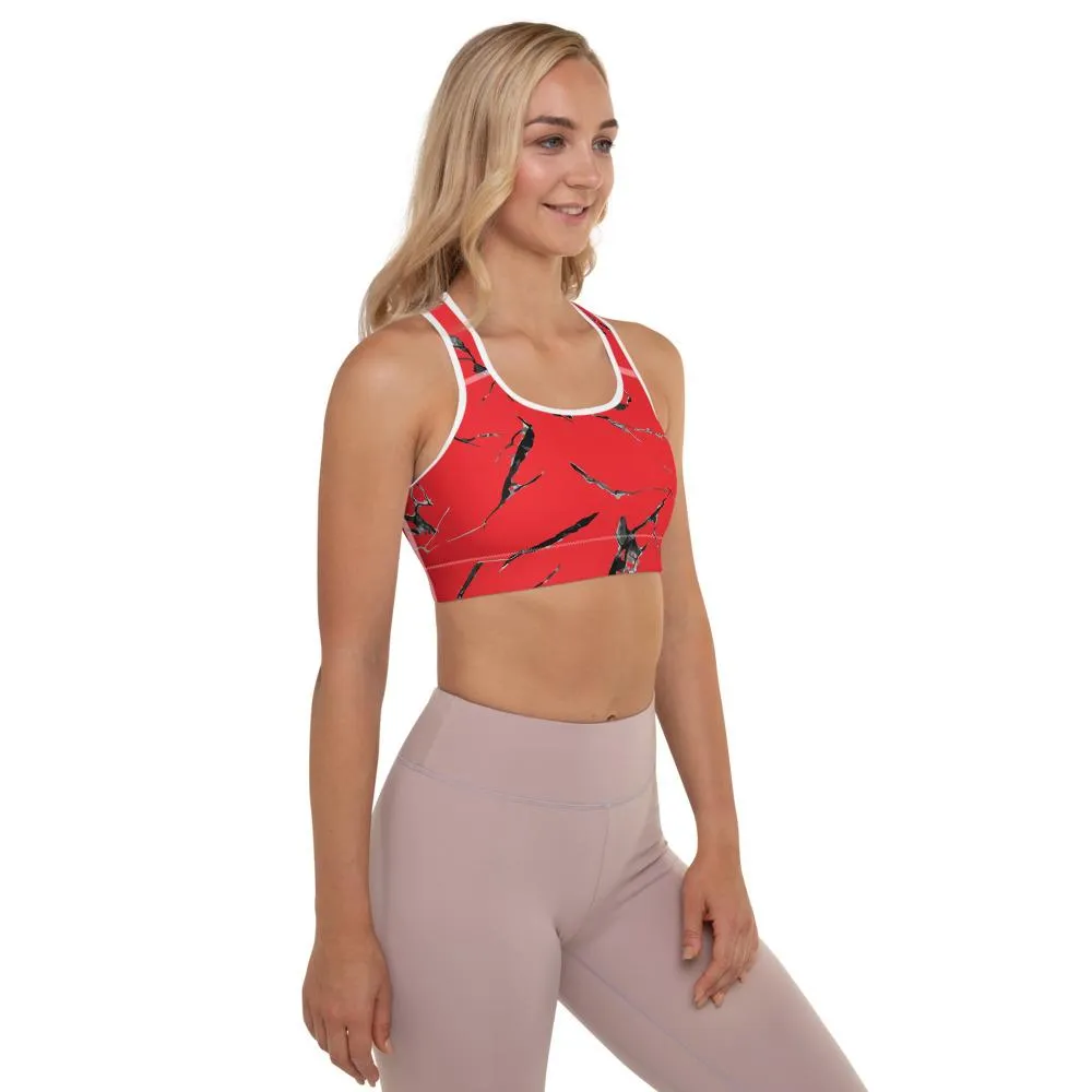 Red Marble Print Sports Bra, Women's Premium Padded Workout Bra- Made in USA/ EU