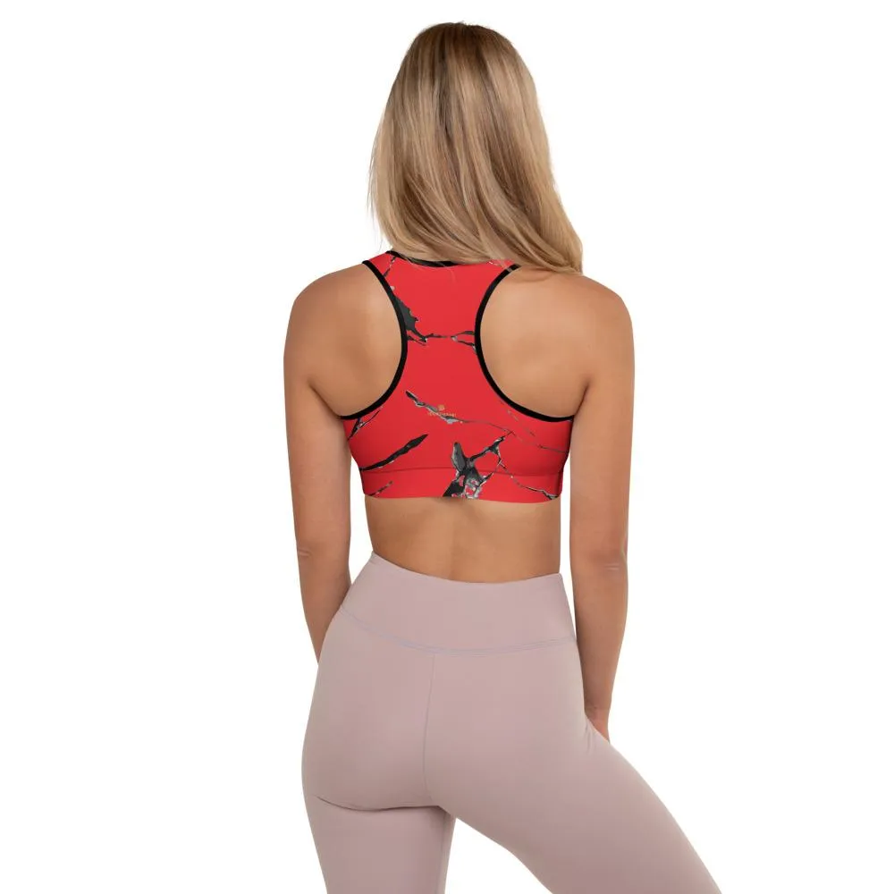 Red Marble Print Sports Bra, Women's Premium Padded Workout Bra- Made in USA/ EU